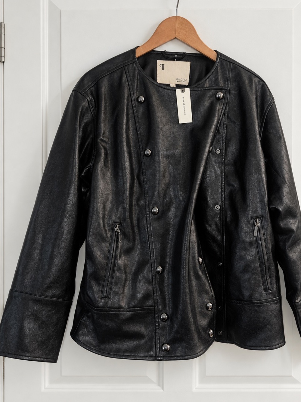 Anthropologie Black Faux Leather Double-Button Jacket